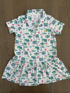 Masters Kids White Polo Dress with Green, Teal & Pink Course Motif